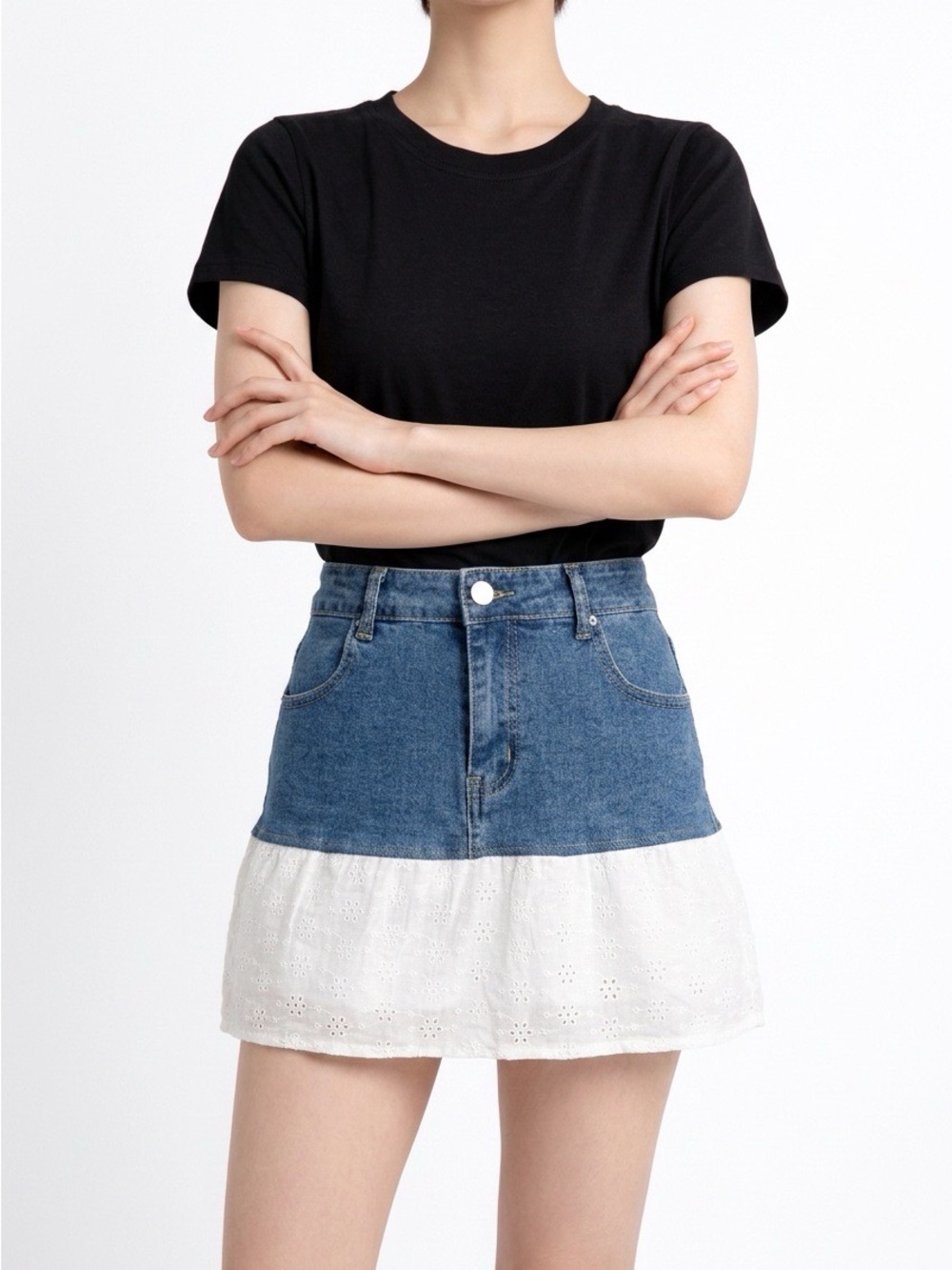 2377- Y2K High Waist Mixed Media Denim Broderie Anglaise Skirt M